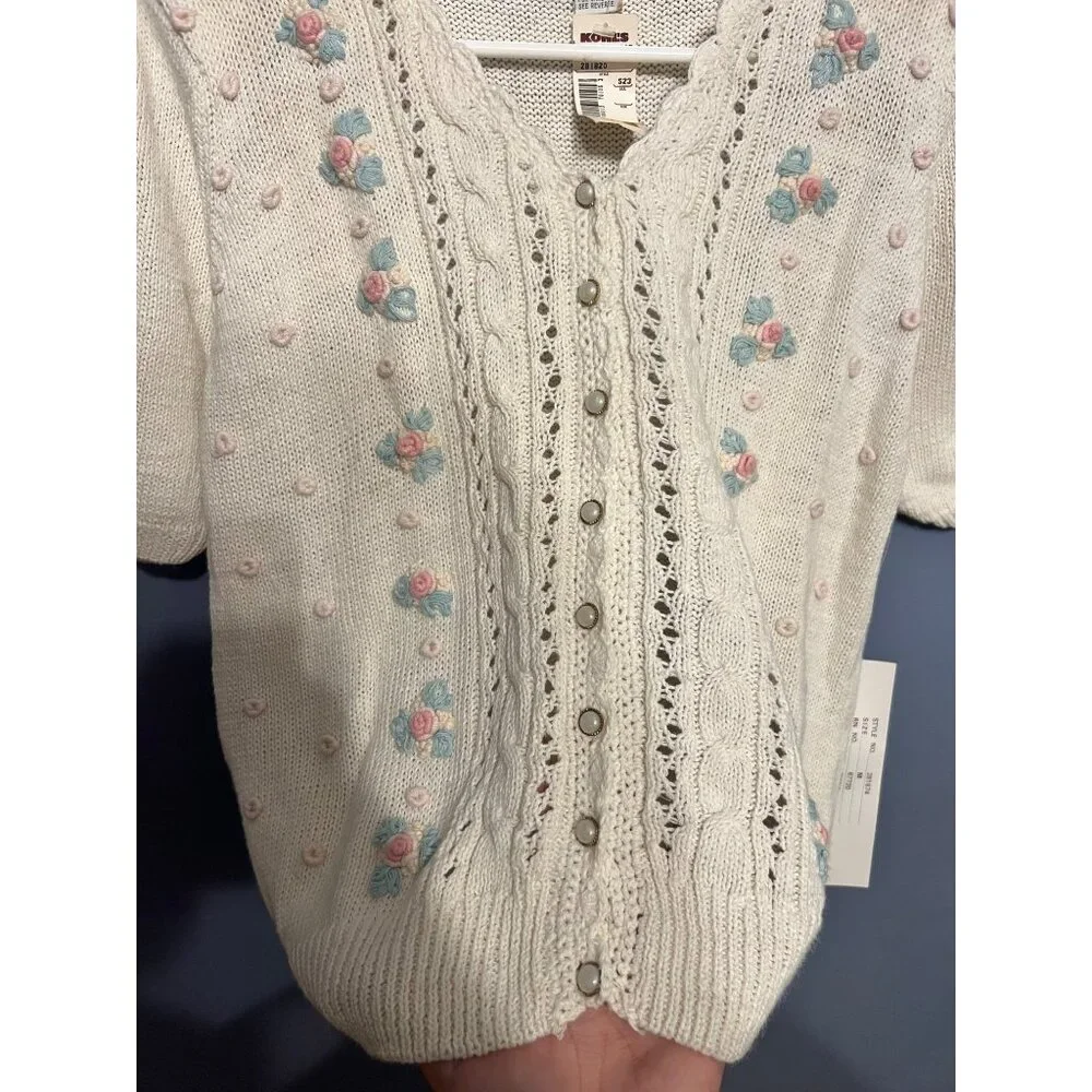 VTG‎ Margules Short Sleeve Embroidered  Cardigan SZ Med Cottage Grannt Core NOS